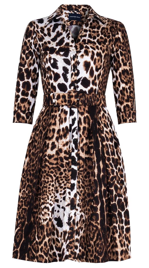samantha sung Audrey Dress #1 Shirt Collar 3/4 Sleeve Regular Length Cotton Stretch (Colombo Leopard)