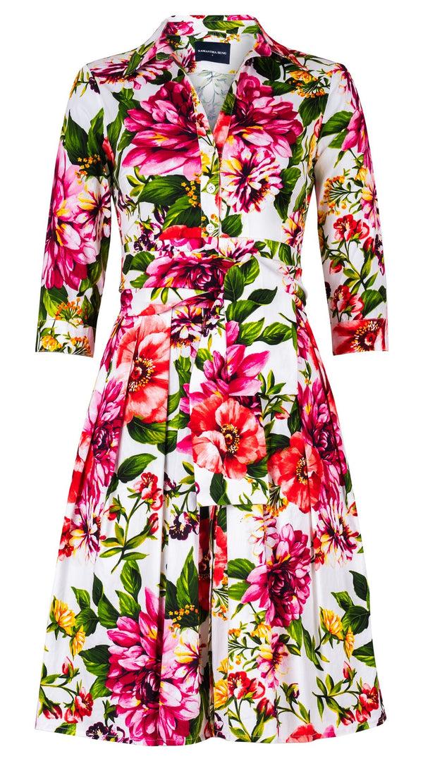 Samantha Sung Audrey Dress #1 Shirt Collar 3/4 Sleeve Regular Length Cotton Stretch (Los Cabos Flower White)