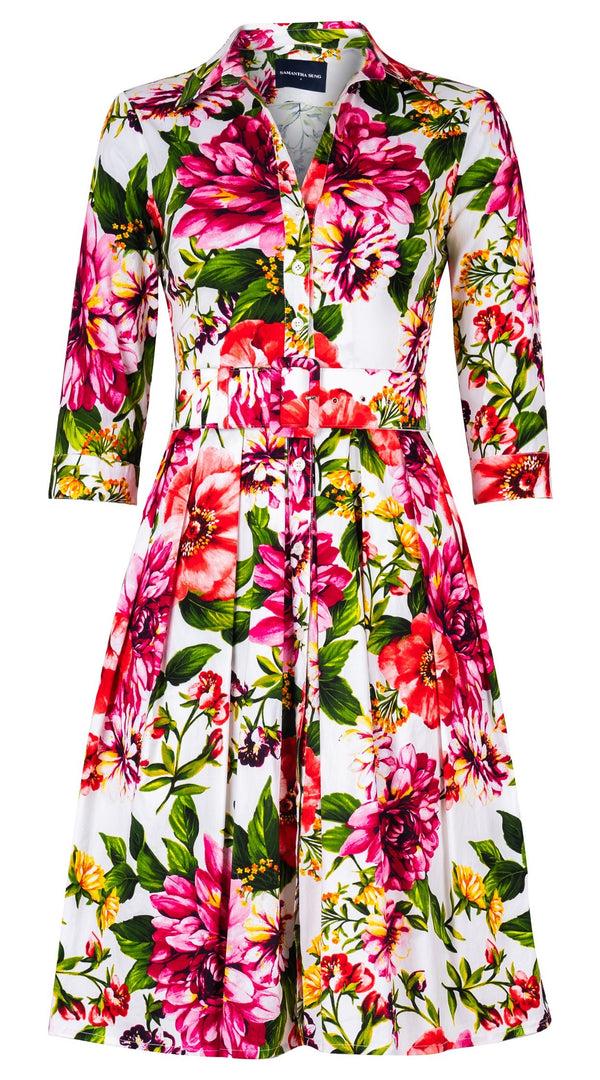 samantha sung Audrey Dress #1 Shirt Collar 3/4 Sleeve Regular Length Cotton Stretch (Los Cabos Flower White)