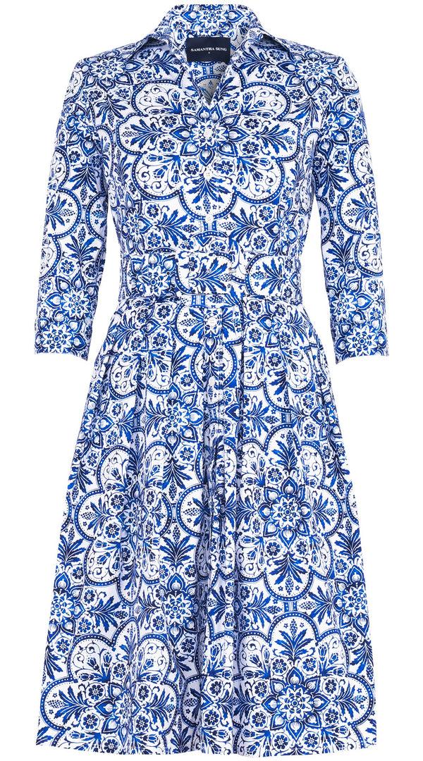 samantha sung Audrey Dress #1 Shirt Collar 3/4 Sleeve Regular Length Cotton Stretch (Marakechi Tile)