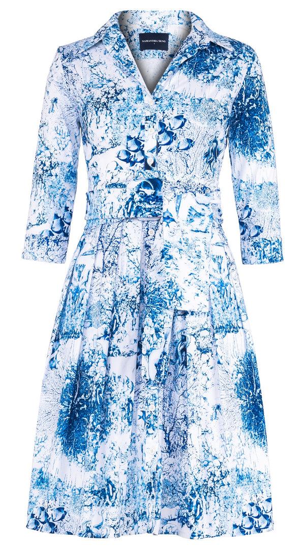 Samantha Sung Audrey Dress #1 Shirt Collar 3/4 Sleeve Regular Length Cotton Stretch (Oceana Toile)