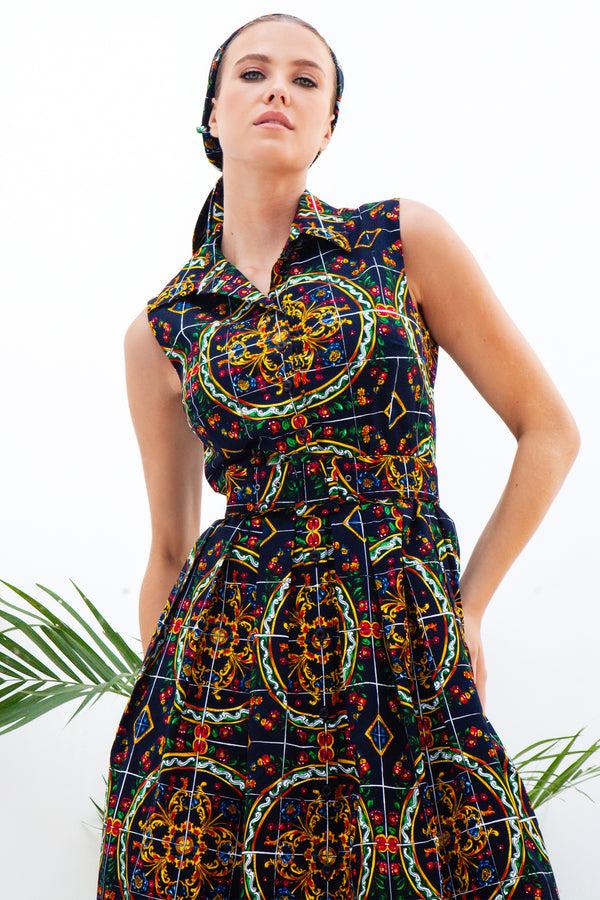 Samantha Sung Audrey Dress #1 Shirt Collar Sleeveless Cotton Stretch (Santorini Tile Straight)