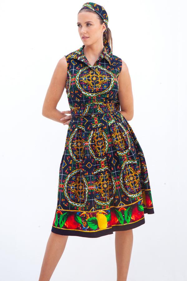 Samantha Sung Audrey Dress #1 Shirt Collar Sleeveless Cotton Stretch (Santorini Tile Straight)