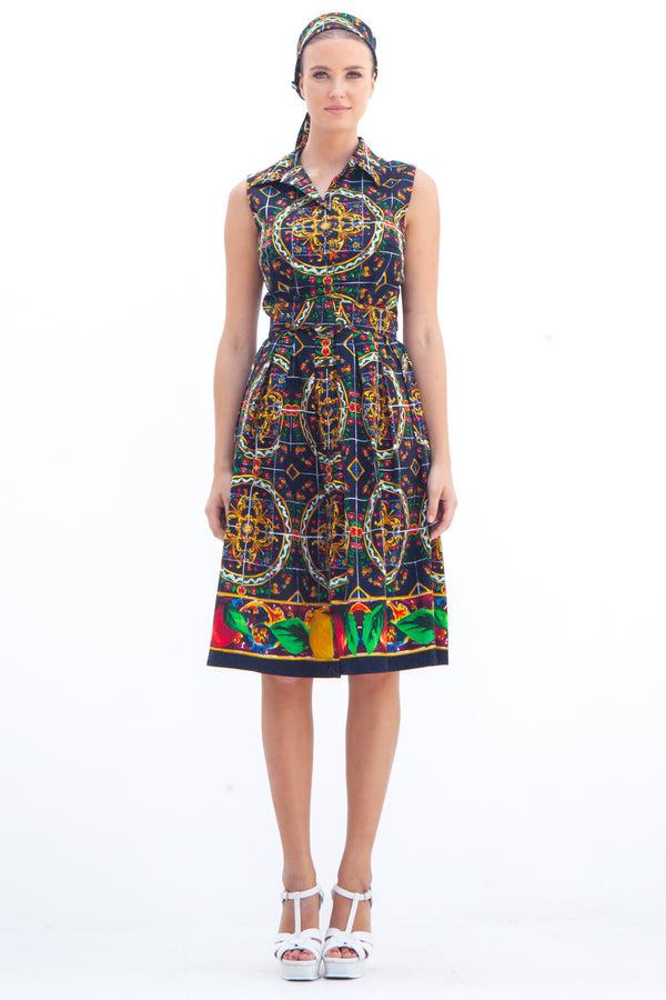 samantha sung Audrey Dress #1 Shirt Collar Sleeveless Cotton Stretch (Santorini Tile Straight)