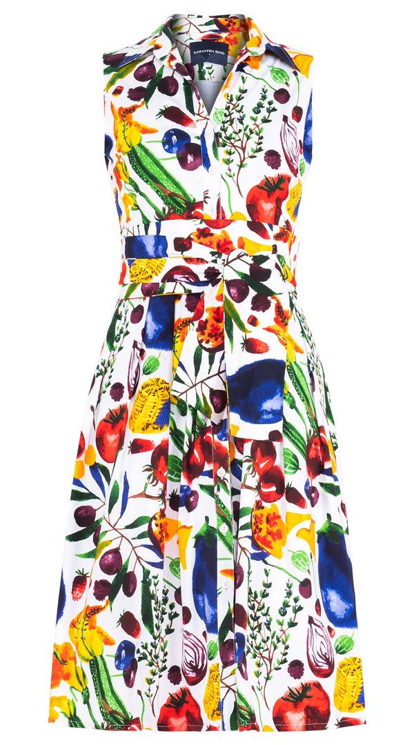 Samantha Sung Audrey Dress #1 Shirt Collar Sleeveless Long Length Cotton Stretch (Watercolor Fruits)