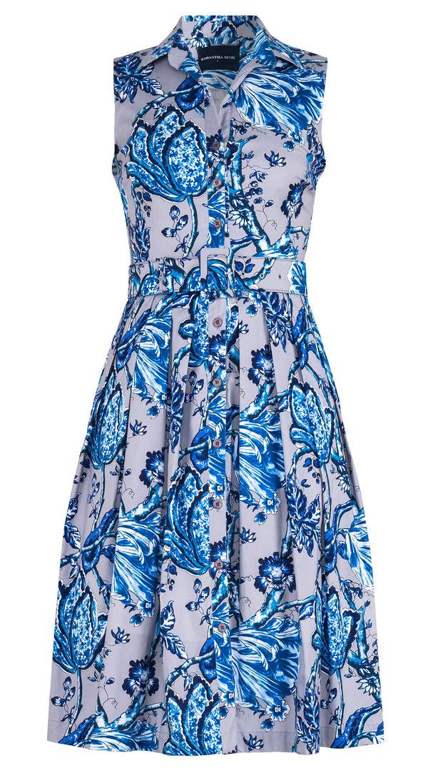 samantha sung Audrey Dress #1 Shirt Collar Sleeveless Long Length Cotton Stretch (Lillie Toile Pastel)