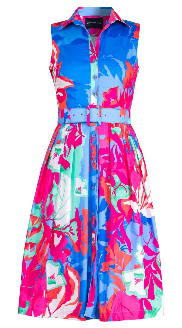 samantha sung Audrey Dress #1 Shirt Collar Sleeveless Long Length Cotton Stretch (Spanish Garden)