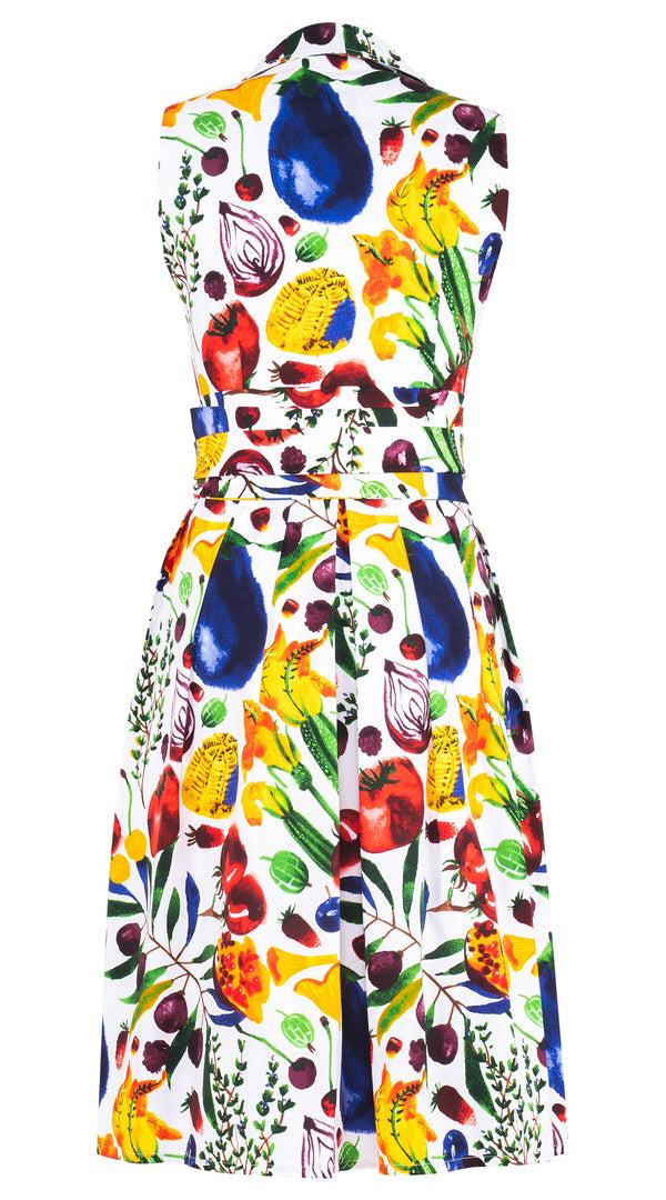 Samantha Sung Audrey Dress #1 Shirt Collar Sleeveless Long Length Cotton Stretch (Watercolor Fruits)