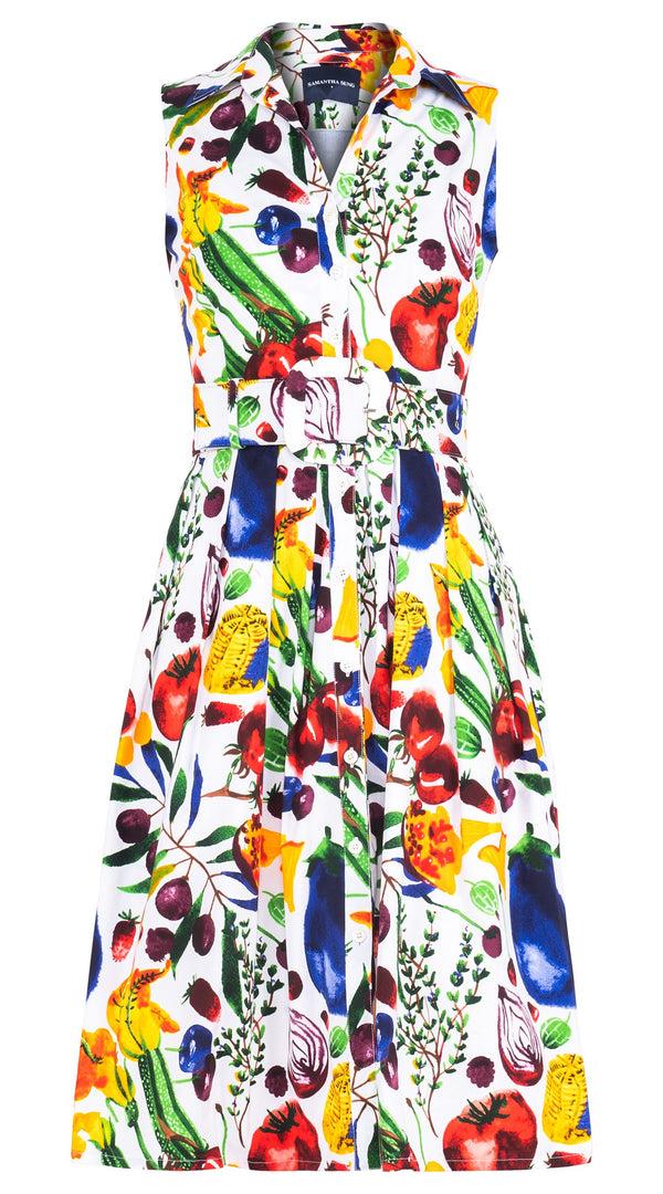 samantha sung Audrey Dress #1 Shirt Collar Sleeveless Long Length Cotton Stretch (Watercolor Fruits)