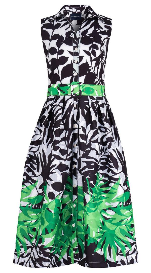 samantha sung Audrey Dress #1 Shirt Collar Sleeveless Midi Length Poliamide Taffta (Picasso Mono Flower White Black)