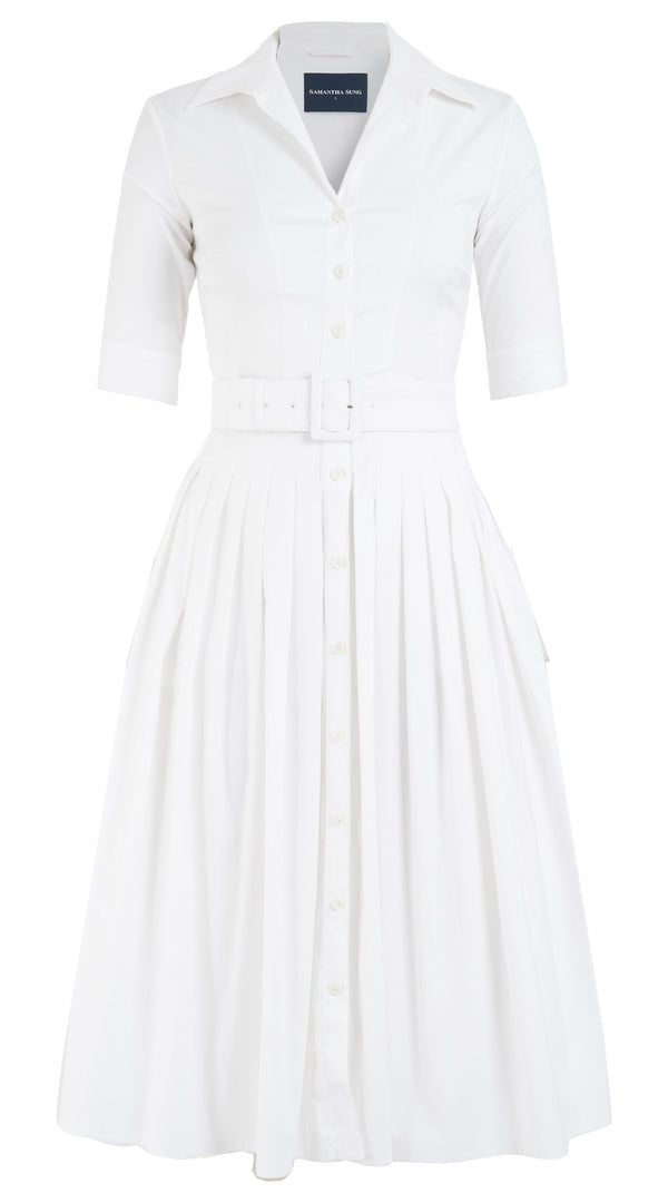 Samantha Sung Audrey Dress #2 Shirt Collar 1/2 Sleeve Midi Length Cotton Stretch_Solid_White