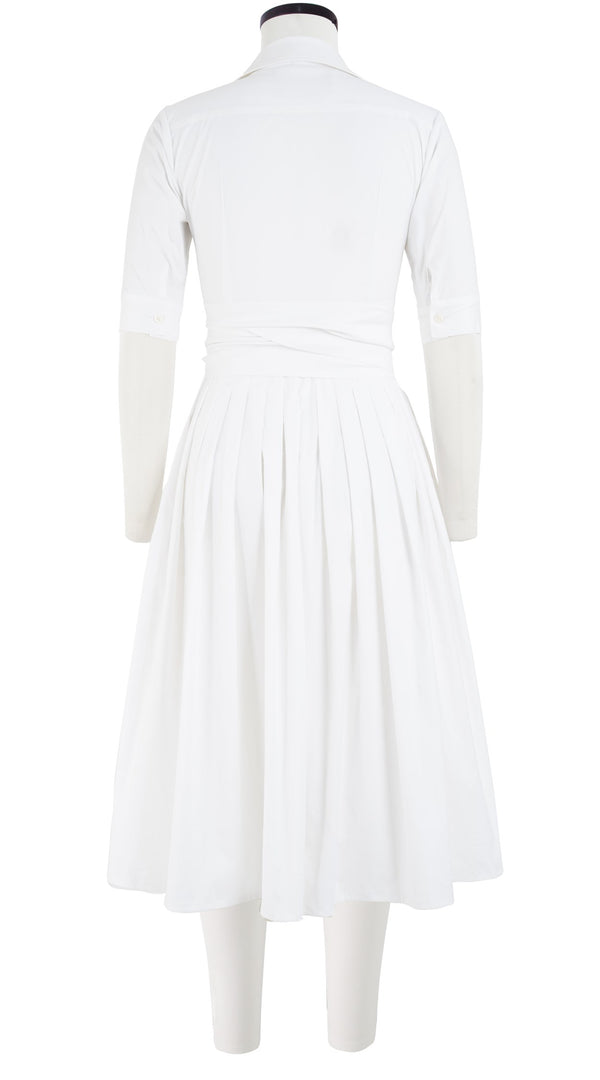 Samantha Sung Audrey Dress #2 Shirt Collar 1/2 Sleeve Midi Length Cotton Stretch_Solid_White