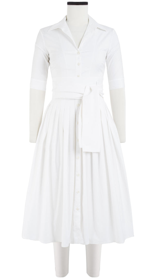 Samantha Sung Audrey Dress #2 Shirt Collar 1/2 Sleeve Midi Length Cotton Stretch_Solid_White