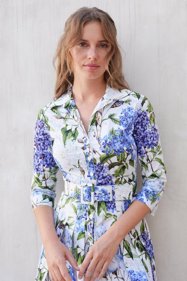 Samantha Sung Audrey Dress #2 Shirt Collar 3/4 Sleeve Long Length Cotton Stretch (Lilac Heaven White)