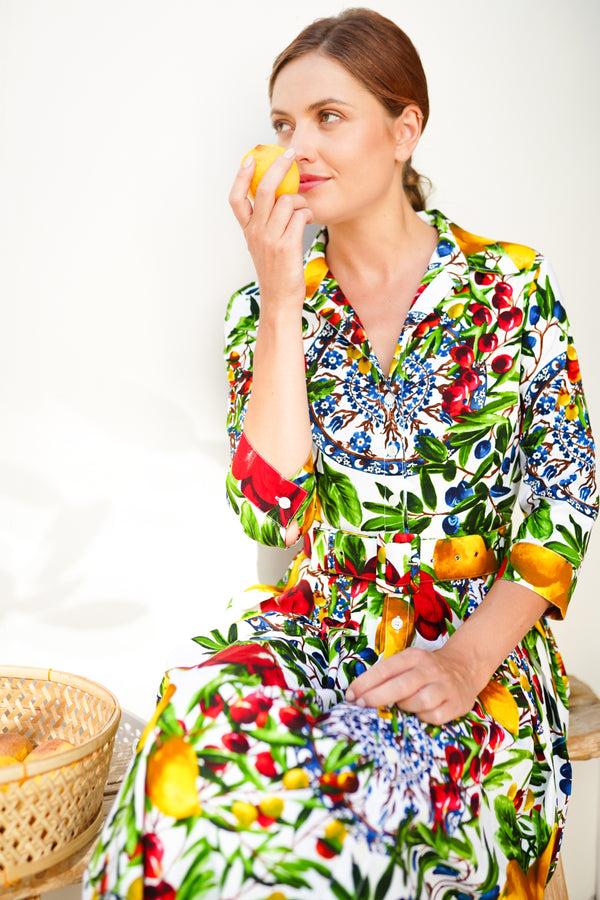 Samantha Sung Audrey Dress #2 Shirt Collar 3/4 Sleeve Long Length Cotton Stretch (Tuscan Olive Lemon Big)