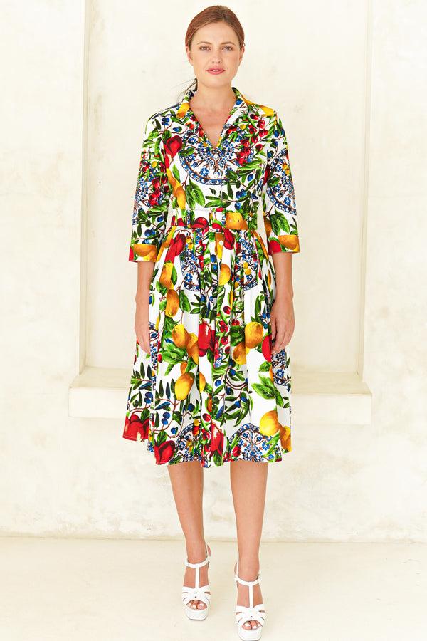 samantha sung Audrey Dress #2 Shirt Collar 3/4 Sleeve Long Length Cotton Stretch (Tuscan Olive Lemon Big)