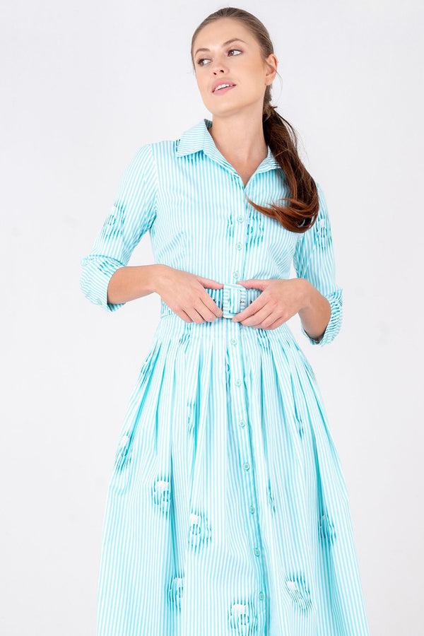 Samantha Sung Audrey Dress #2 Shirt Collar 3/4 Sleeve Long Length Cotton Stretch (Oxford Stripe Small)
