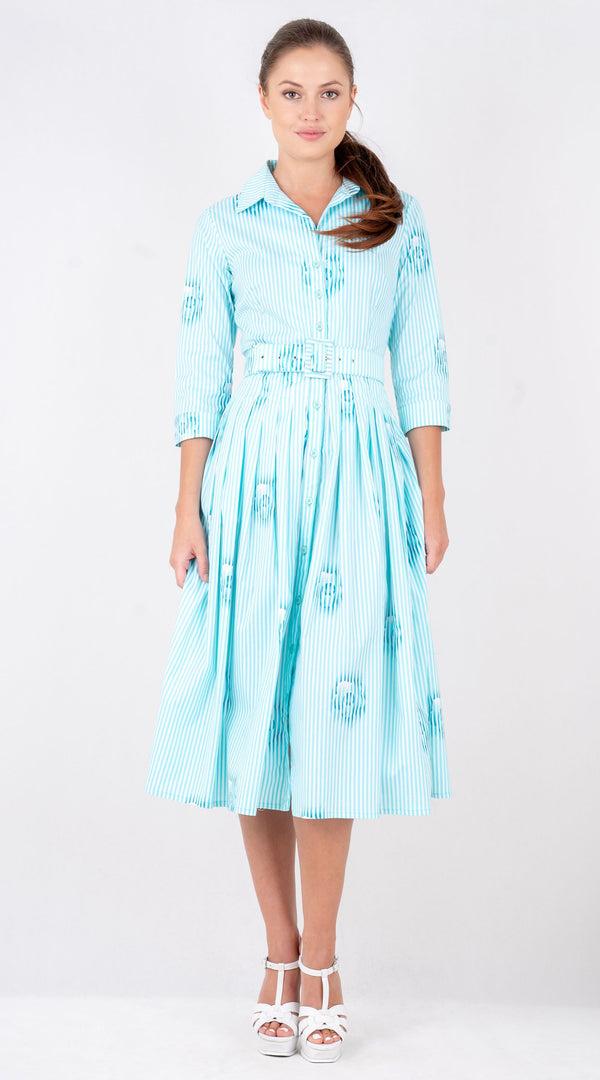 samantha sung Audrey Dress #2 Shirt Collar 3/4 Sleeve Long Length Cotton Stretch (Oxford Stripe Small)