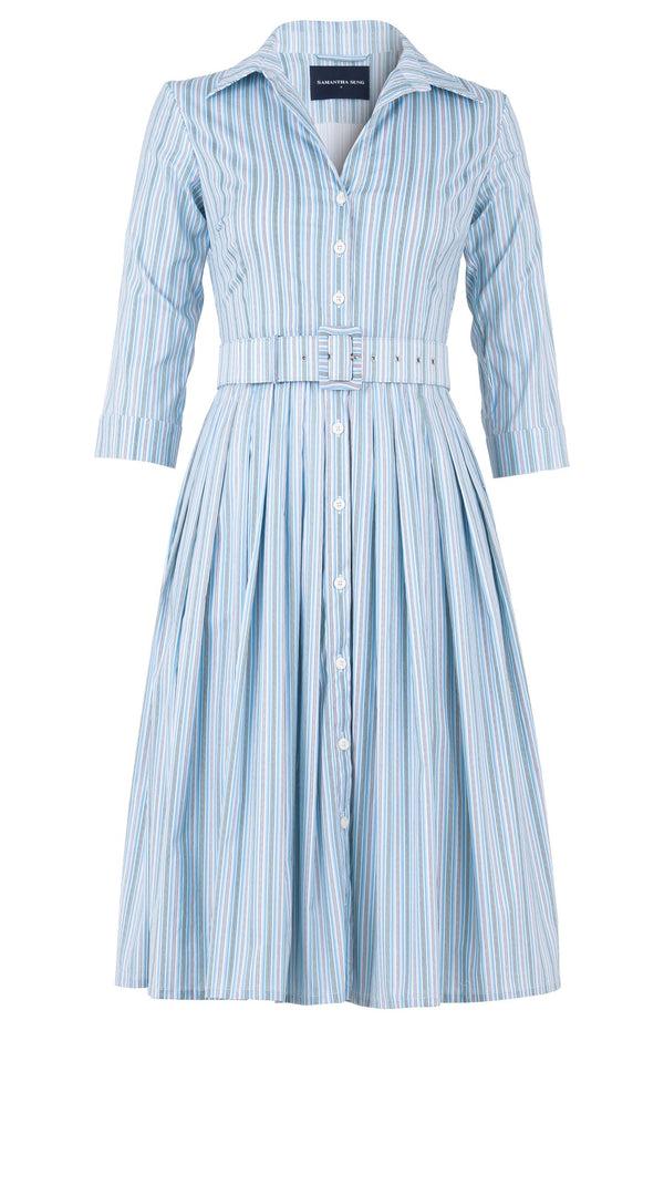 Samantha Sung Audrey Dress #2 Shirt Collar 3/4 Sleeve Long Length Cotton Stretch (Napoli Stripe Pastel)