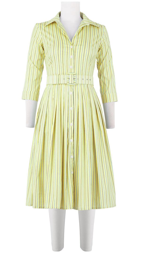 Samantha Sung Audrey Dress #2 Shirt Collar 3/4 Sleeve Long Length Cotton Stretch (Napoli Stripe Pastel)