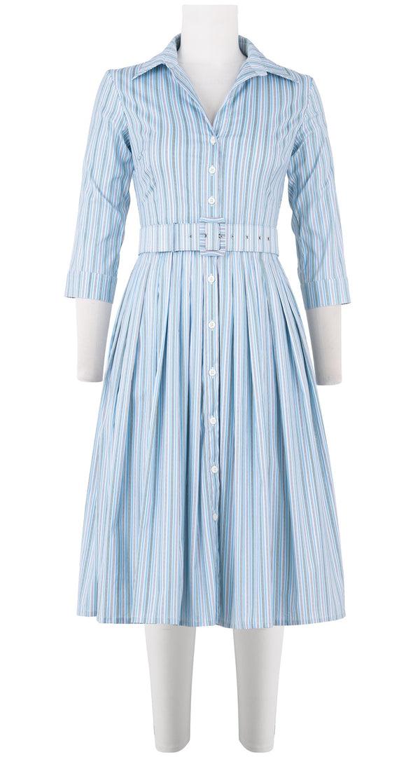 samantha sung Audrey Dress #2 Shirt Collar 3/4 Sleeve Long Length Cotton Stretch (Napoli Stripe Pastel)