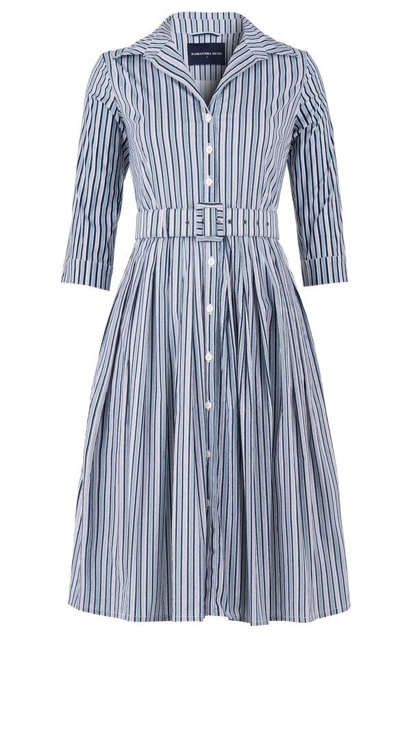 Samantha Sung Audrey Dress #2 Shirt Collar 3/4 Sleeve Long Length Cotton Stretch (Napoli Stripe Bright)