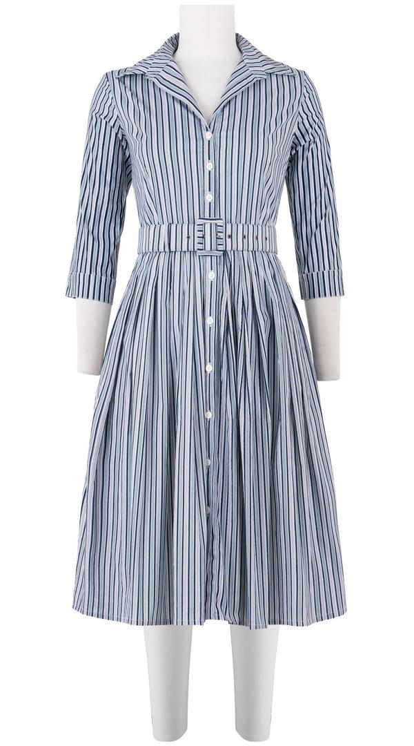 samantha sung Audrey Dress #2 Shirt Collar 3/4 Sleeve Long Length Cotton Stretch (Napoli Stripe Bright)