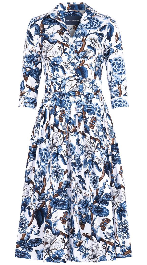 samantha sung Audrey Dress #2 Shirt Collar 3/4 Sleeve Long Length Cotton Stretch (Hill Garden White) 3