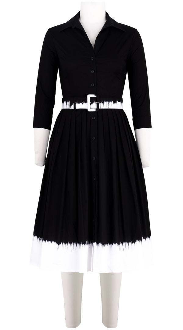 samantha sung Audrey Dress #2 Shirt Collar 3/4 Sleeve Long Length Cotton Stretch (White Border Tie Dye)