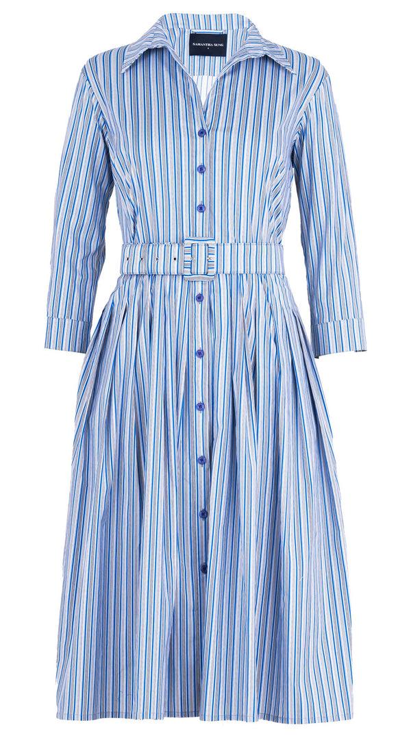 Samantha Sung Audrey Dress #2 Shirt Collar 3/4 Sleeve Long Length Cotton Stretch (Napoli Stripe Bright)