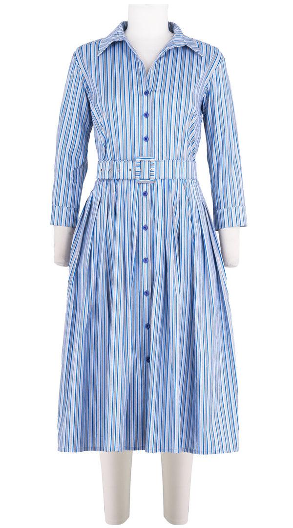 samantha sung Audrey Dress #2 Shirt Collar 3/4 Sleeve Long Length Cotton Stretch (Napoli Stripe Bright)