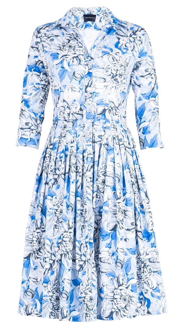 Samantha Sung Audrey Dress #2 Shirt Collar 3/4 Sleeve Long Length Cotton Stretch (Chrysanthemum Flower Big)