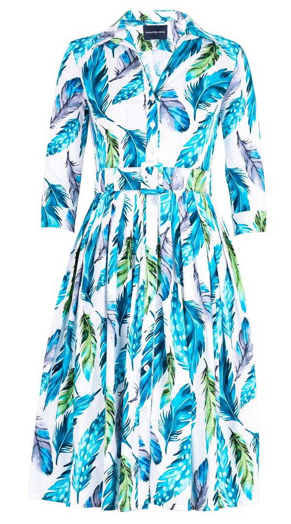 Samantha Sung Audrey Dress #2 Shirt Collar 3/4 Sleeve Long Length Cotton Stretch (Floating Feather White)