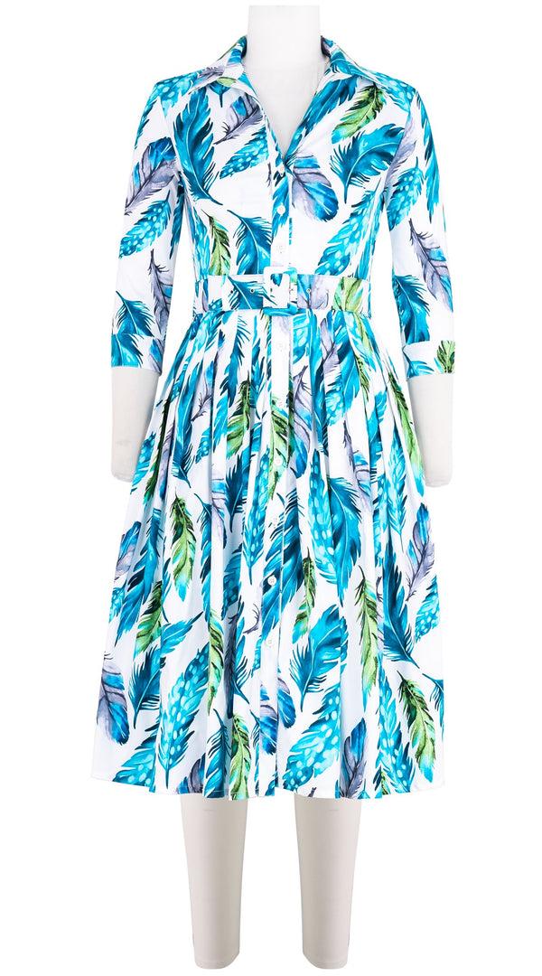 samantha sung Audrey Dress #2 Shirt Collar 3/4 Sleeve Long Length Cotton Stretch (Floating Feather White)