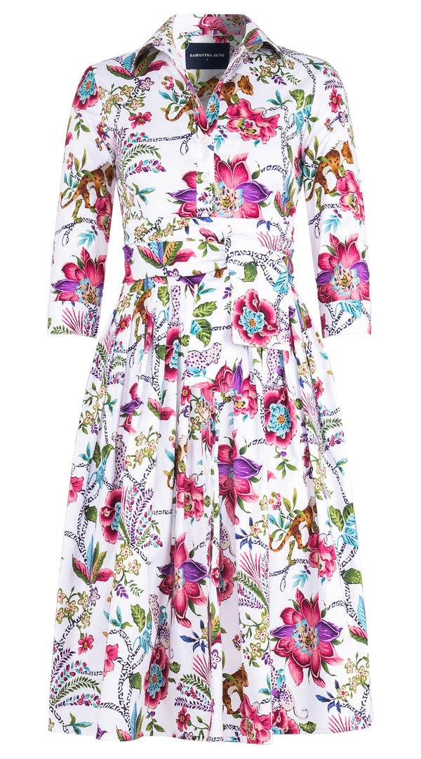 Samantha Sung Audrey Dress #2 Shirt Collar 3/4 Sleeve Long Length Cotton Stretch (Leopard Toile Multi)