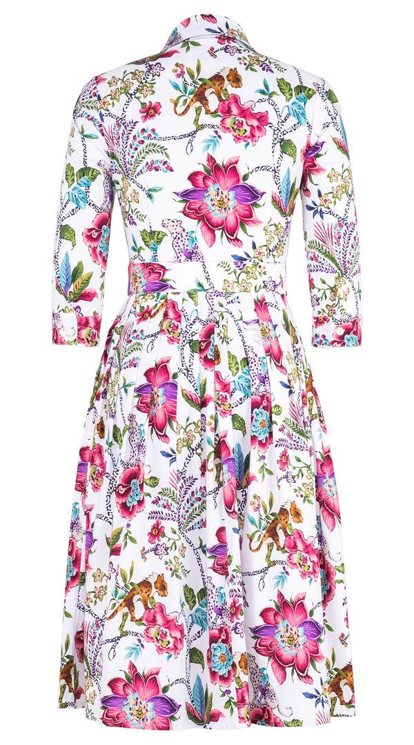 Samantha Sung Audrey Dress #2 Shirt Collar 3/4 Sleeve Long Length Cotton Stretch (Leopard Toile Multi)