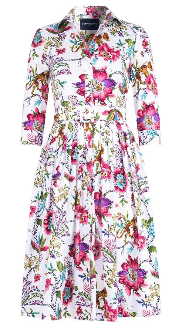 samantha sung Audrey Dress #2 Shirt Collar 3/4 Sleeve Long Length Cotton Stretch (Leopard Toile Multi)