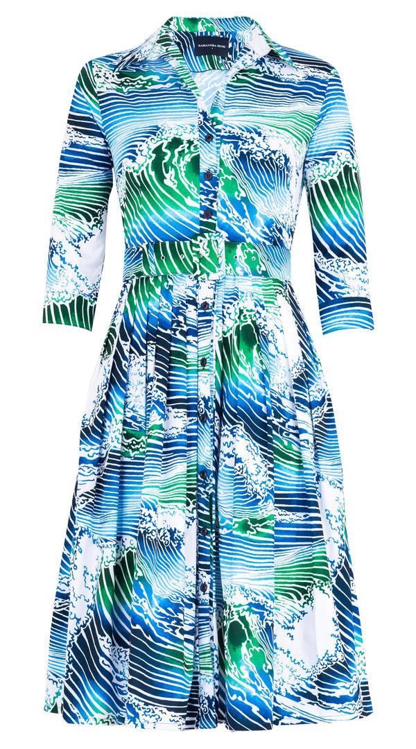 Samantha Sung Audrey Dress #2 Shirt Collar 3/4 Sleeve Long Length Cotton Stretch (Pacific Wave)