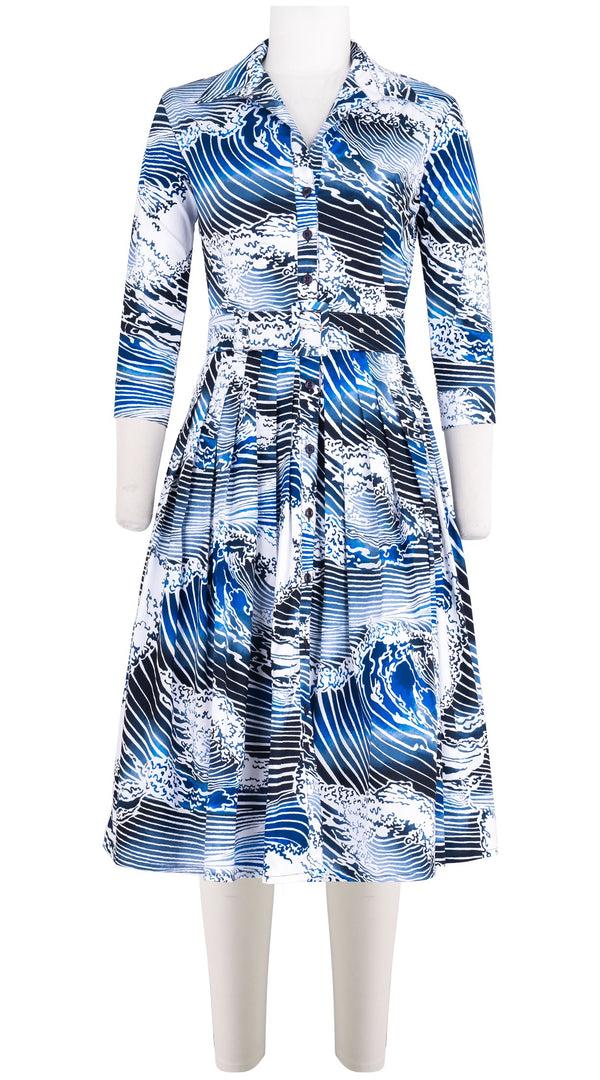 samantha sung Audrey Dress #2 Shirt Collar 3/4 Sleeve Long Length Cotton Stretch (Pacific Wave)