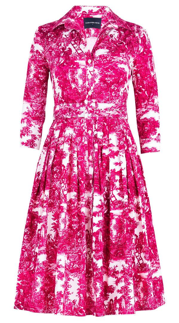 Samantha Sung Audrey Dress #2 Shirt Collar 3/4 Sleeve Long Length Cotton Stretch (Antilles Toile White)