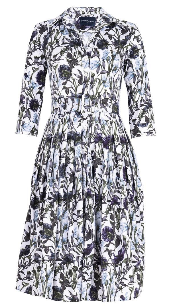 Samantha Sung Audrey Dress #2 Shirt Collar 3/4 Sleeve Long Length Cotton Stretch (Meadow Flower White)