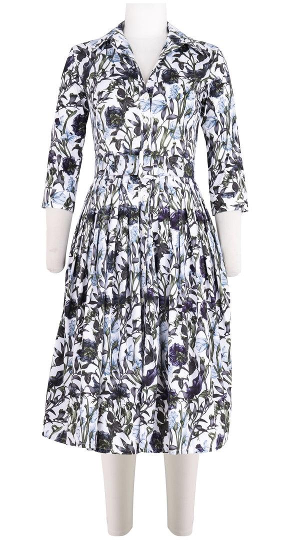 samantha sung Audrey Dress #2 Shirt Collar 3/4 Sleeve Long Length Cotton Stretch (Meadow Flower White)