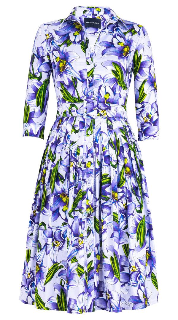 Samantha Sung Audrey Dress #2 Shirt Collar 3/4 Sleeve Long Length Cotton Stretch (Paper Lillies Ground)