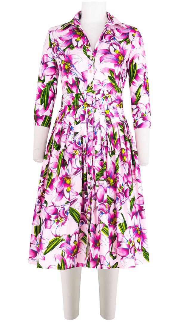 samantha sung Audrey Dress #2 Shirt Collar 3/4 Sleeve Long Length Cotton Stretch (Paper Lillies Ground)