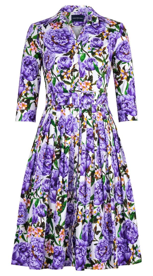 Samantha Sung Audrey Dress #2 Shirt Collar 3/4 Sleeve Long Length Cotton Stretch (Pink Peony)