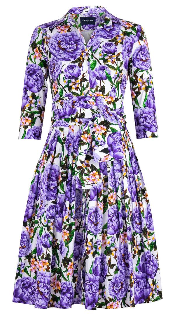 Samantha Sung Audrey Dress #2 Shirt Collar 3/4 Sleeve Long Length Cotton Stretch (Pink Peony)