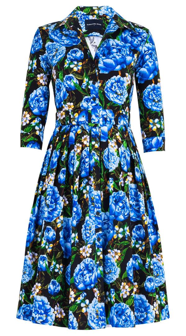 samantha sung Audrey Dress #2 Shirt Collar 3/4 Sleeve Long Length Cotton Stretch (Pink Peony)