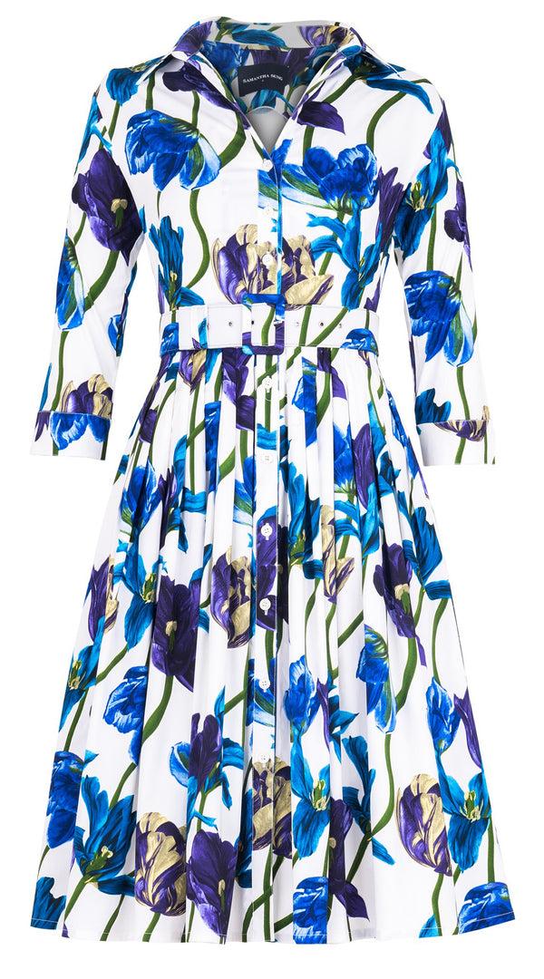 Samantha Sung Audrey Dress #2 Shirt Collar 3/4 Sleeve Long Length Cotton Stretch (Rambrandt Tulip)