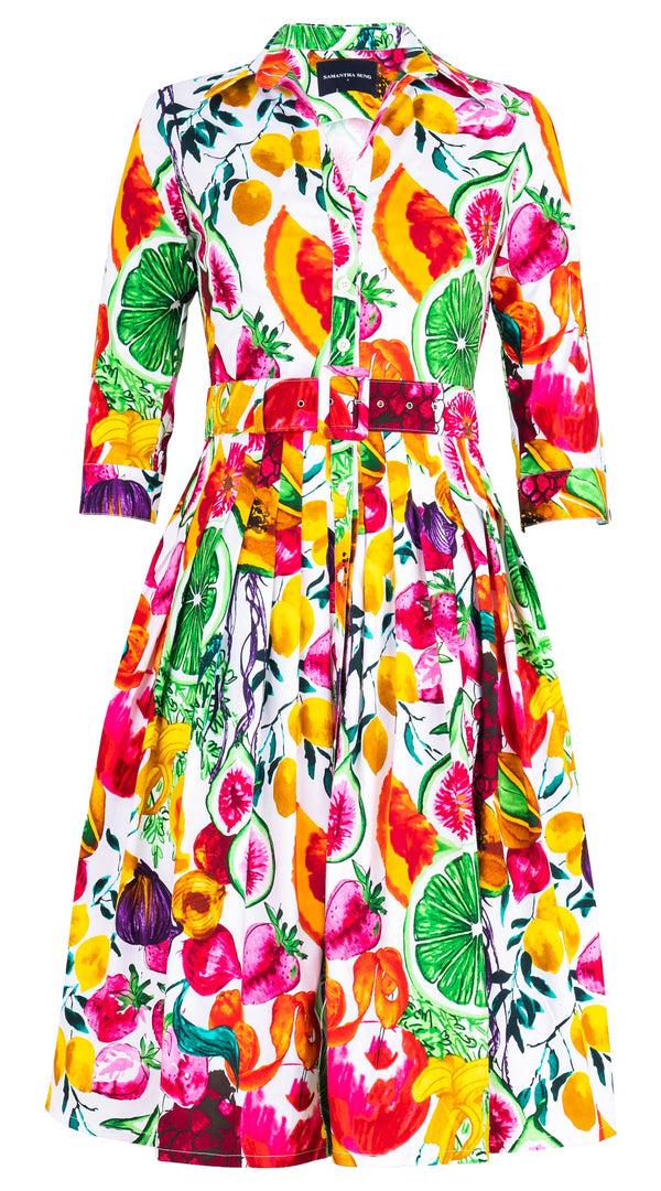 Samantha Sung Audrey Dress #2 Shirt Collar 3/4 Sleeve Long Length Cotton Stretch (Tropical Fruite)