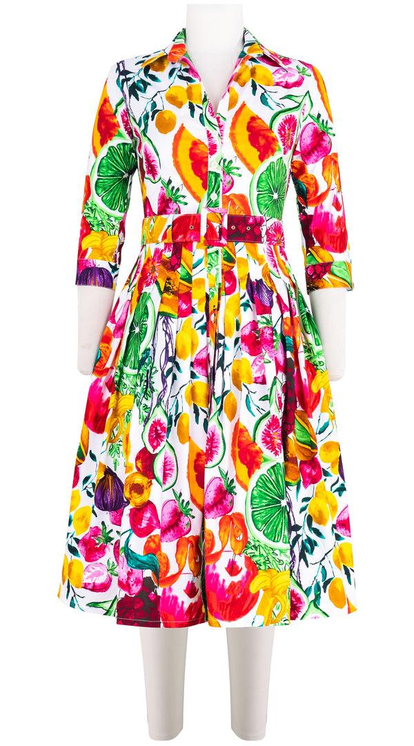 Samantha Sung Audrey Dress #2 Shirt Collar 3/4 Sleeve Long Length Cotton Stretch (Tropical Fruite)